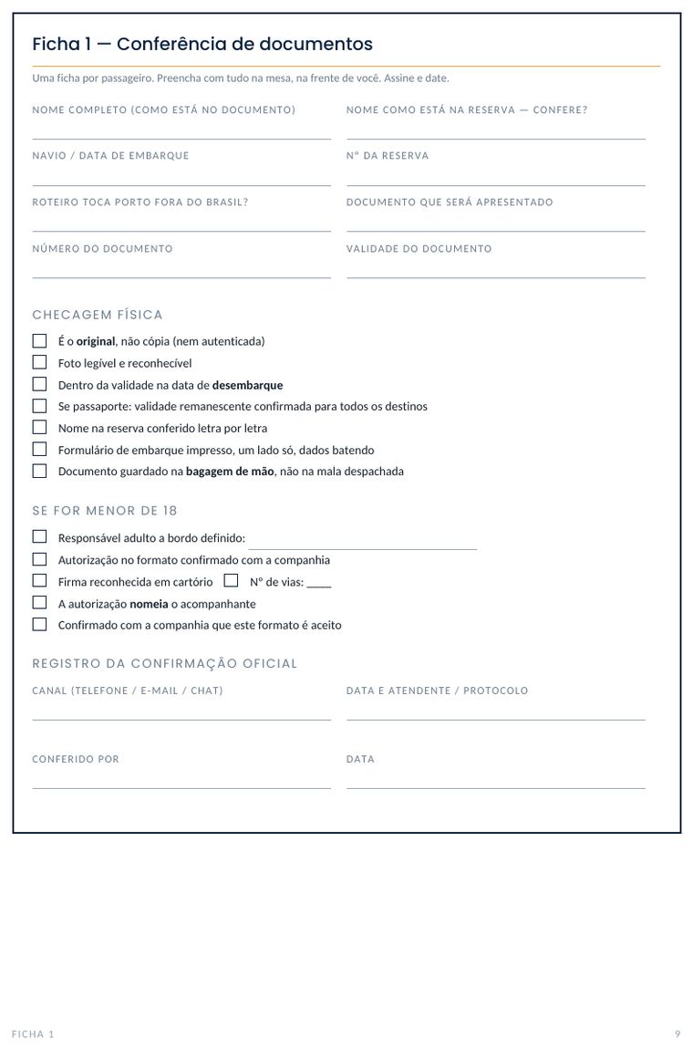 Ficha de conferência de documentos, com campos para nome, número e validade do documento e lista de checagem física